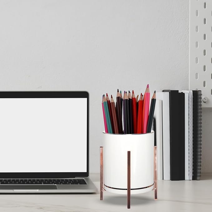 Rose Pen Cup Holder for Ladies, Desk Pencil Holder for Women, Ceramic Pencil Cups, Rose Gold Makeup Brush Cup, Cute Makeup Brush Holder, Office Desk Accessories for Women