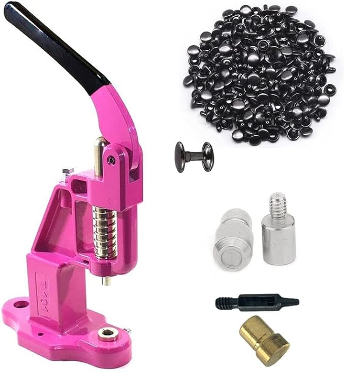Hobby Trendy Hand Press with 1000 Sets of Iron 9mm Double Capped Rivets with Dies and Hole Punch(Pink Press,Black Rivets)