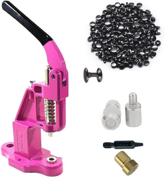 Hobby Trendy Hand Press with 1000 Sets of Iron 9mm Double Capped Rivets with Dies and Hole Punch(Pink Press,Black Rivets)