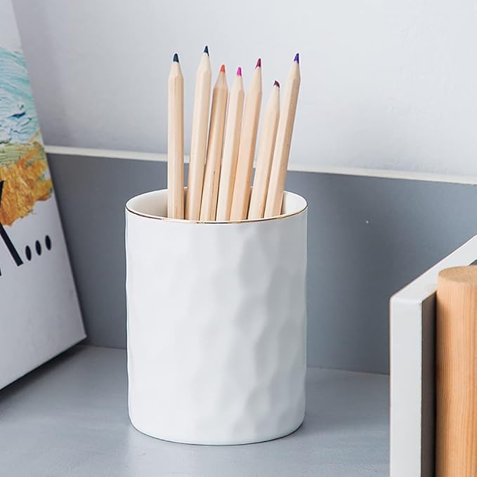 Ceramic Pen Holder Stand Cup Pencil Holder Organizer Makeup Brush Holders for Home Office Desk (White)
