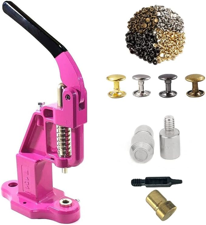 Hobby Trendy Hand Press with 1000 Sets of Iron 9mm Double Capped Rivets with Dies and Hole Punch(Pink Press,Combo(Colorsx250) Rivets)
