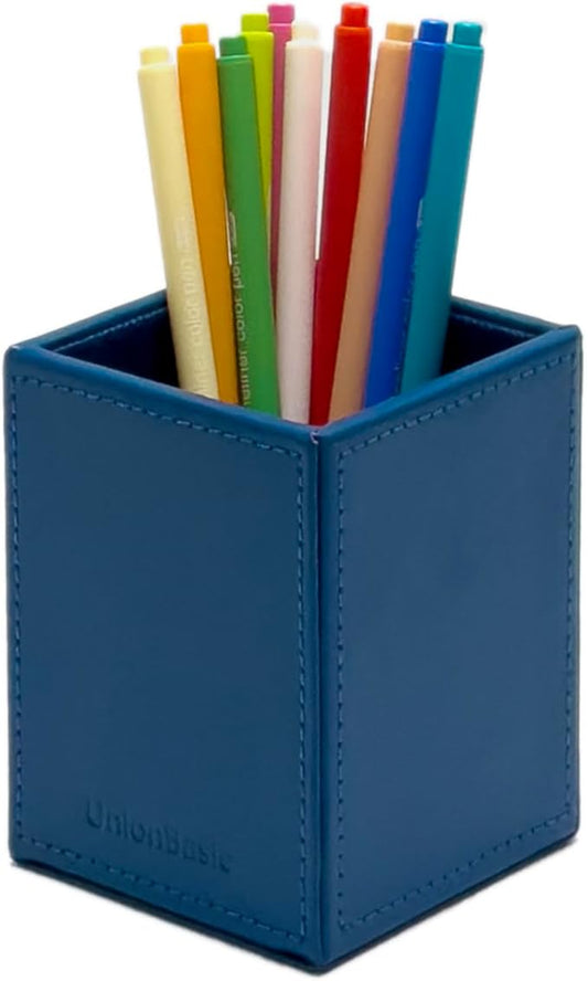 UnionBasic Square Pen Holder, Leather Pencil Cup, Desktop Caddy Stationery Organizer, True Blue