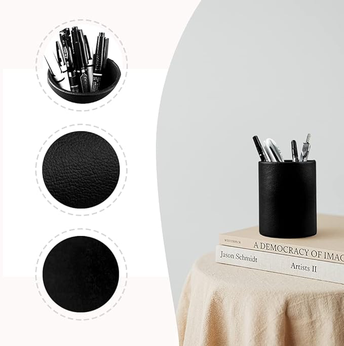 Pen Pencil Holder Cup Container PU Leather Desk Organizer Stand Decor Brush Scissor Holder Decoration Office Desk Home School (3.3" x 3.3" x 4", Black)