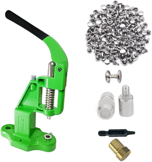 Hobby Trendy Hand Press with 1000 Sets of Iron 9mm Double Capped Rivets with Dies and Hole Punch(Green Press,Silver Rivets)