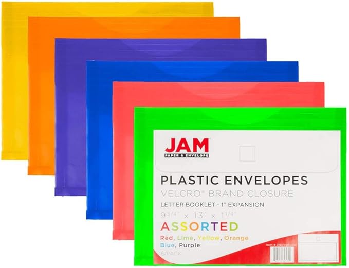 JAM PAPER Plastic Expansion Envelopes with Hook & Loop Closure - Letter Booklet - 9 3/4 x 13 with 1 Inch Expansion - Assorted Colors - 6/Pack