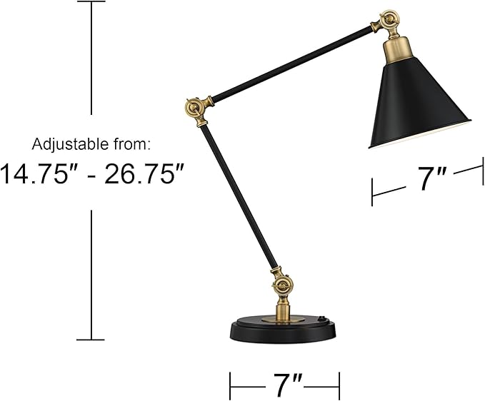 360 Lighting Wray 26 3/4" High Modern Adjustable Desk Lamp with USB Charging Ports A+C Painted Black Brass Metal Cone Shade for Living Room Bedroom House Bedside Nightstand Home Office Reading
