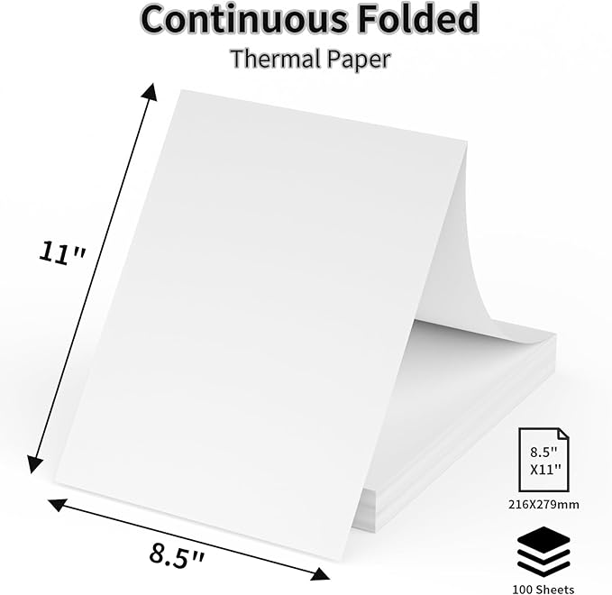 Continuous Thermal Printer Paper 8.5" x 11" US Letter Size - High-Efficiency Durable Printing for Home Work, Printing Contract, Compatible with Most Thermal Printers (100 Sheets/Continuous Folding)