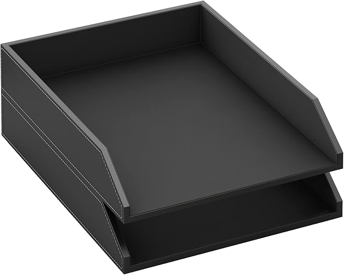 Leather Letter Tray, Thipoten Stackable Desk Organizer Holder for Office Supplies, Paper, File, Magazine, Perfect Office Organization for Desktop (Black-2Tiers)