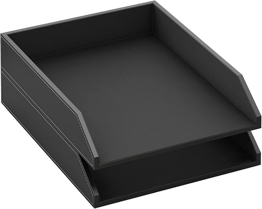 Leather Letter Tray, Thipoten Stackable Desk Organizer Holder for Office Supplies, Paper, File, Magazine, Perfect Office Organization for Desktop (Black-2Tiers)