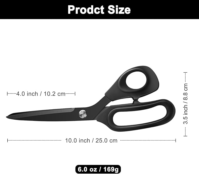 10 inch Black Office Scissors All Purpose, Sewing Scissors for Fabric Cutting, Sharp Titanium Coated Blade, Comfort Grip Soft Handles for Diy Craft, Paper, Art, School, Home