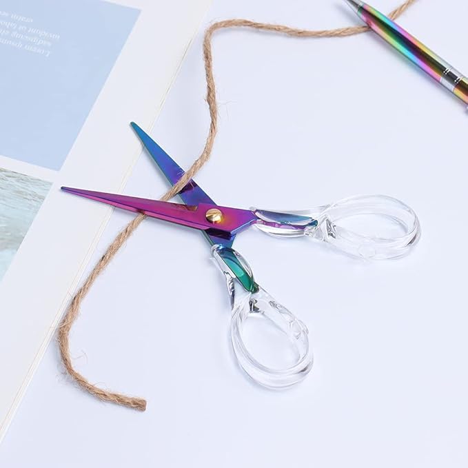 Gold Scissors, Stainless Steel Blade with Acrylic Handle, All Purpose Scissor for Office, School, Home, Fabric Shears, Tijeras (6.3" Rainbow)