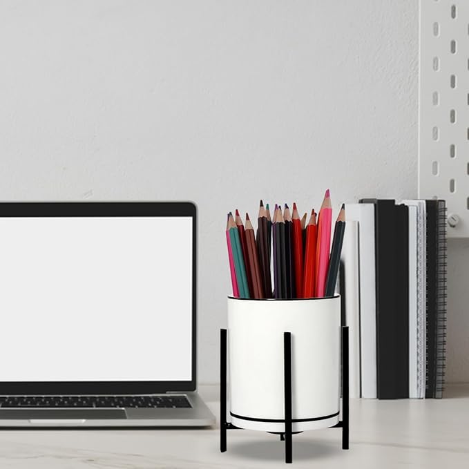 Ceramic Pencil Cup for Desk, White and Black Pen Holder for Desk, Desktop Makeup Brush Holder, Black Ceramic Pencil Holder