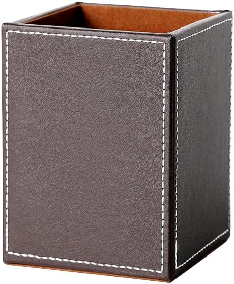 Square Pen Pencil Holder, PU Leather Pencil Cup, Desktop Stationery Organizer, Stand Desk Organizer, Office Accessories Container (Brown)