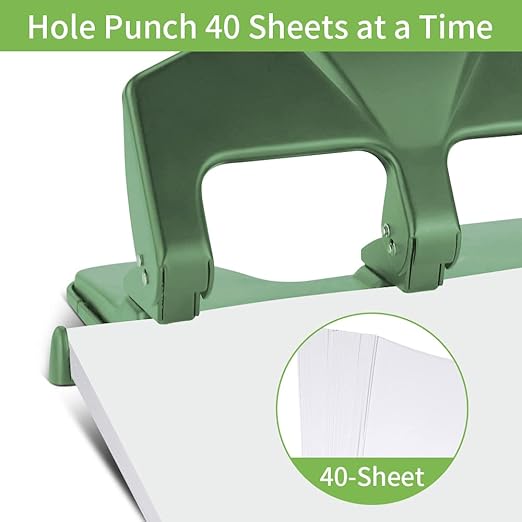 AFMAT HP17 3 Hole Punch, 40-Sheet Heavy Duty Paper Punch, 50% Reduced Effort 3-Hole Punch, Metal Hole Puncher 3 Ring, Three-Hole Paper Puncher w/Large Chip Tray for Classroom, Office, Green