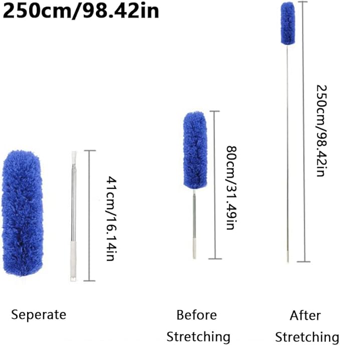Ceiling Fan Feather Duster with Extension Pole, Cobweb & Corner Brush for Cleaning, Long Handle Aluminum Telescoping Pole, Washable, Blue, 130cm