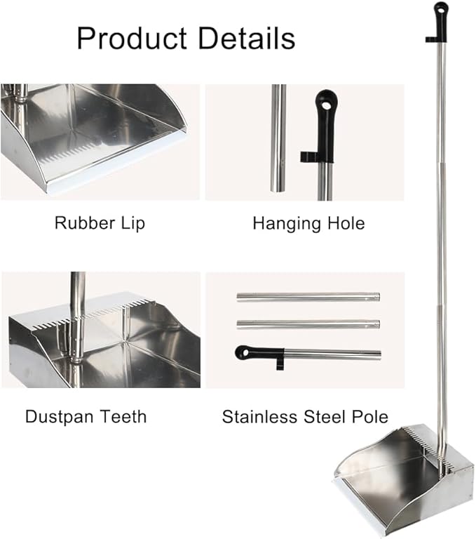 Metal Dustpan Long Handle Stainless Steel Dustpan,Heavy Duty Standing Dust Pan with Teeth, Indoor Outdoor Up for Home Kitchen Lobby Room Office