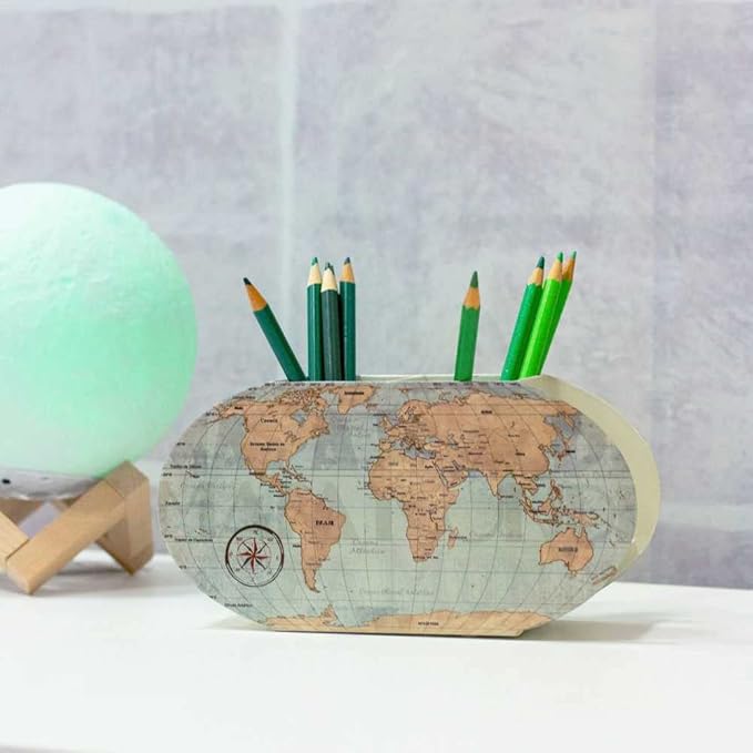 GEGUTON Double Pen Holder with World Map – Steel, Multicolored, Vintage Style – Keeps Desks Organized, Inspires Travel Lovers, Ideal Gift – Fun Collection