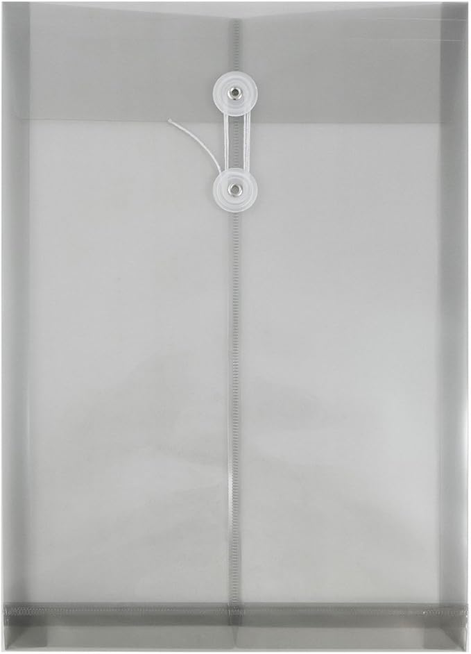 JAM PAPER Plastic Envelopes with Button & String Tie Closure - Legal Open End - 9 3/4 x 14 1/2 - Smoke Gray - 12/Pack