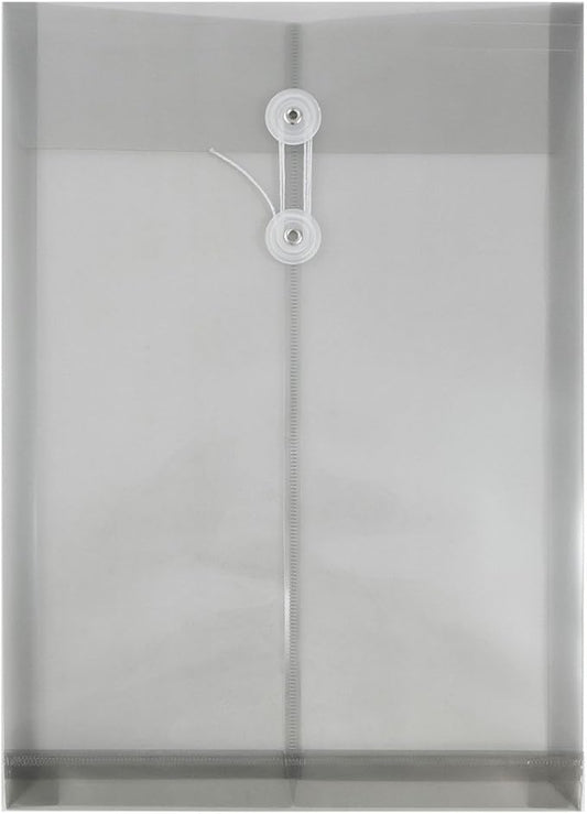 JAM PAPER Plastic Envelopes with Button & String Tie Closure - Legal Open End - 9 3/4 x 14 1/2 - Smoke Gray - 12/Pack