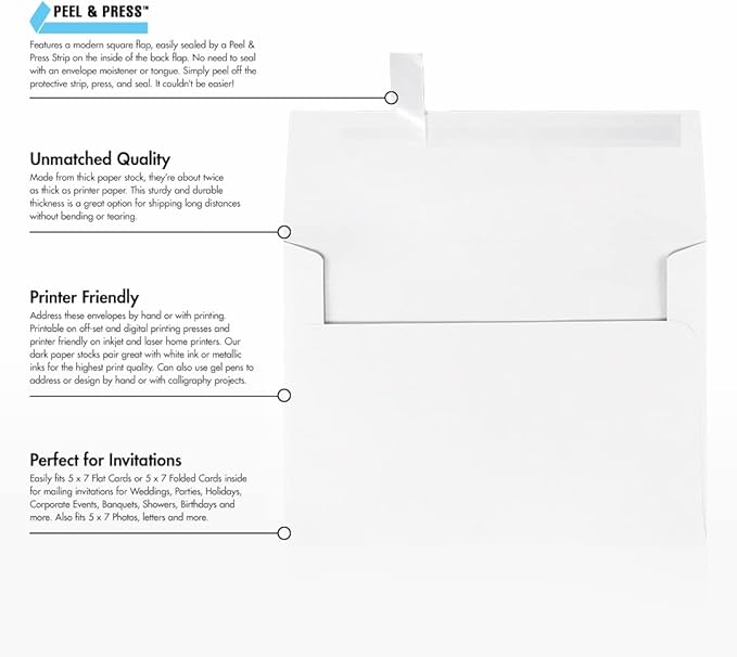 LUXPaper A7 Invitation Envelopes | Peel & Press | 5 1/4" x 7 1/4" | White | 24lb. Text | 1,000 Qty