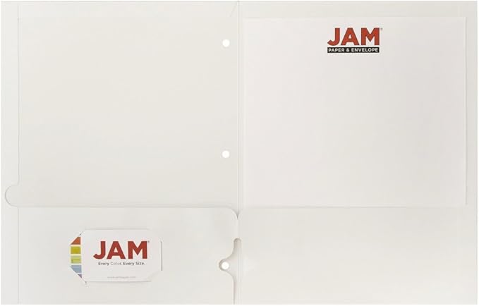 JAM PAPER Laminated Two Pocket Glossy 3 Hole Punch School Folders - Letter Size - High Gloss White - Bulk 100/Box