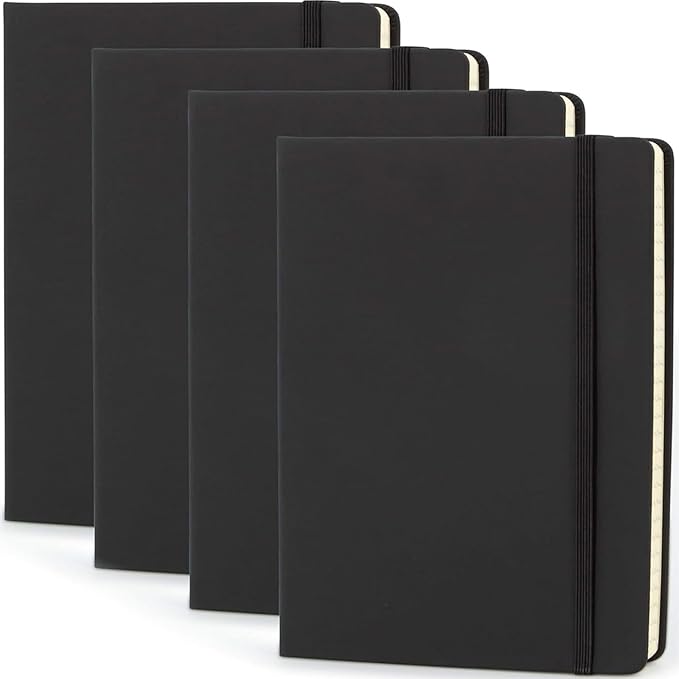 XIUSHE 4 Pack Black Hardcover Spiral Notebook Spiral Journals for Women 192Pages,9.84x7.48Inches,100gsm Paper,Cute College Ruled Notebook, Back Pocket,Office Supplies (CS-style)