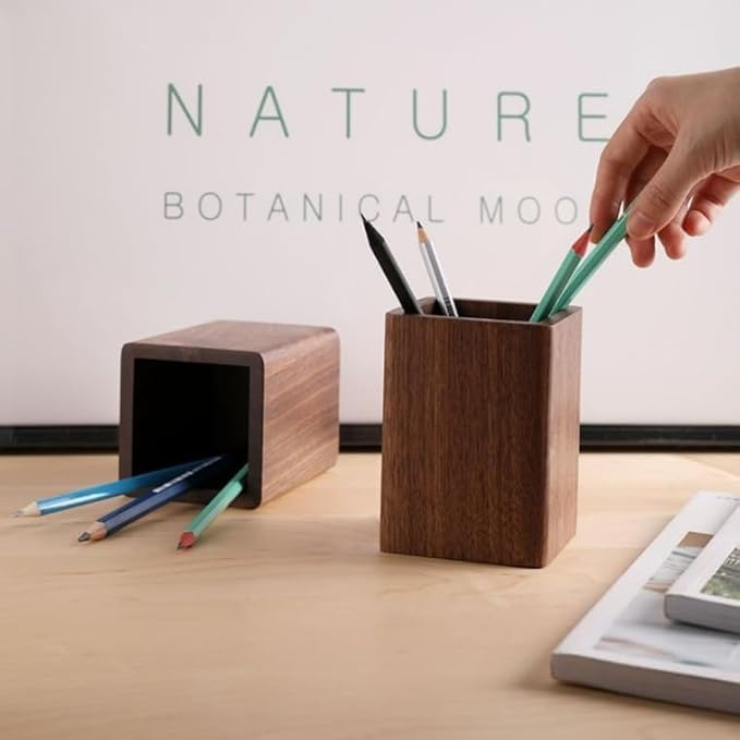 Wooden Pen Holder for Desk, Multi-Functional Pen Cup Pencil Holder for Office School Supplies Storage, Black Walnut Desk Organizer and Accessories（Square）