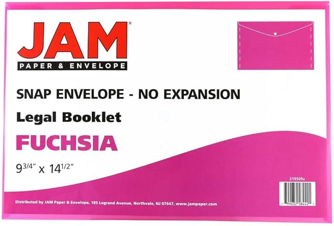 JAM PAPER Plastic Envelopes with Snap Closure - Legal Booklet - 9 3/4 x 14 1/2 - Fuchsia Pink - 3/Pack