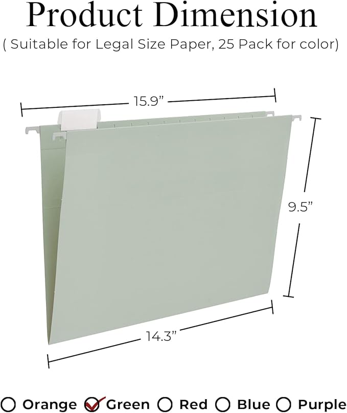 Y YOMA Legal Size - 25 Pack Colored Hanging File Folders Decorative Hanging Folder Cute Pretty File Folder for Filing Cabinet Office Home with 1/5-Cut Adjustable Tabs, Morandi Green