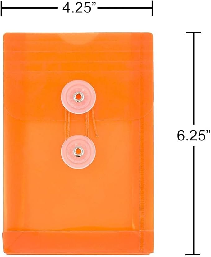 JAM PAPER Plastic Envelopes with Button & String Tie Closure - 4 1/4 x 6 1/4 - Assorted Colors - 6/Pack