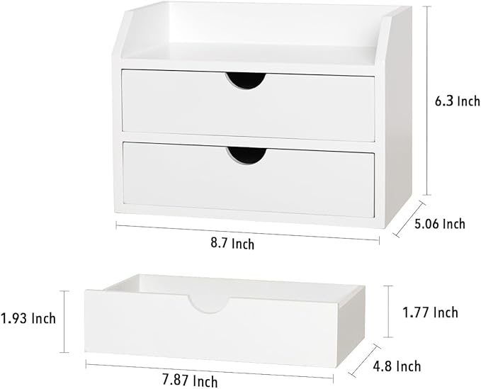 ROSE BLOOM White Wood Desk Organizer with 2 Drawer, Mini Cute Cabinet with Storage Shelf for Tabletop, Small Desktop Box Organizer for Cosmetic Office Supplies
