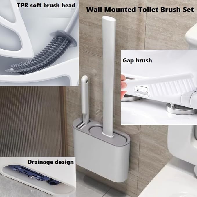 Silicone Toilet Brush Set with Holder – Bathroom Cleaning Brush, Crevice Cleaner, Anti-Slip Handle, and Wall-Mounted Bracket