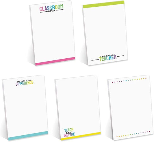 Colorful Teacher Sticky Note Pads / 4" x 6" Repositionable Classroom Sticky Notes / 50 Sheets Per Pad/Set of 5 Designs/Made in USA