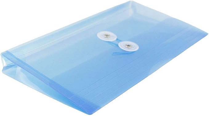 JAM PAPER Plastic Envelopes with Button & String Tie Closure - #10 Business Booklet - 5 1/4 x 10 - Blue - 12/Pack