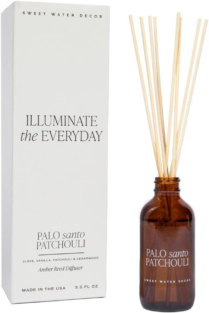 Sweet Water Decor Palo Santo Patchouli Reed Diffuser Set for Home - Clove, Vanilla, Patchouli, Sandalwood Spa Scented Diffusers - Housewarming Gift Lasts 4+ Months, Made in The USA