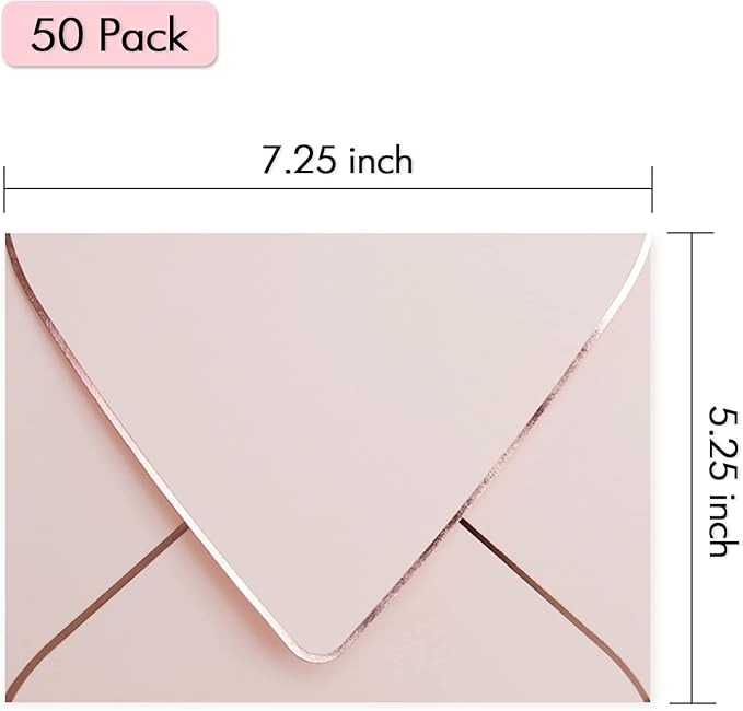 A7 Pink Envelopes 50 Pack With Rose Gold Border Christmas Envelopes Quick Self Seal, For 5x7 Cards| Perfect for Weddings, Invitations, Photos, Graduation, Baby Shower (Pink-rose golden border)