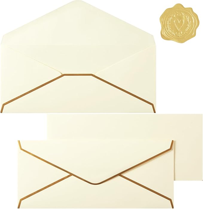 30 Pack Thick #10 Business Envelopes with Gold Border, 4 1/8 x 9 1/2 Thick Paper Standard Envelopes with Stickers for Office, Checks, Letter Mailing, Invoices (Cream Color)