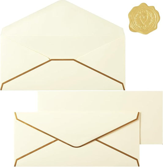 30 Pack Thick #10 Business Envelopes with Gold Border, 4 1/8 x 9 1/2 Thick Paper Standard Envelopes with Stickers for Office, Checks, Letter Mailing, Invoices (Cream Color)