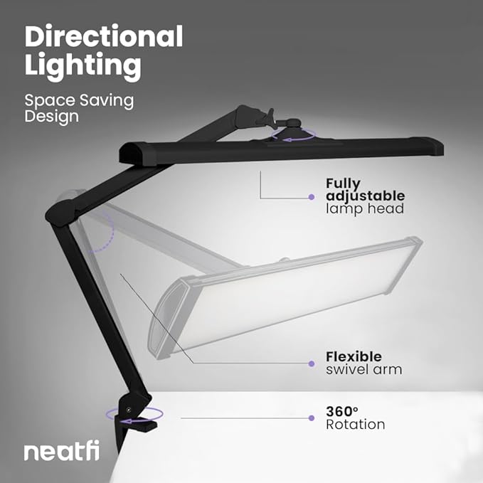 Neatfi LED Desk Lamp, 3,500 Lumens, 3 Light Modes, Dimmable, 45W, Touch Control, 26 Inch Wide Metal Shade, 540 SMD LEDs, Directional Lighting, Eye Caring Task Lamp (CCT with Clamp, Black)