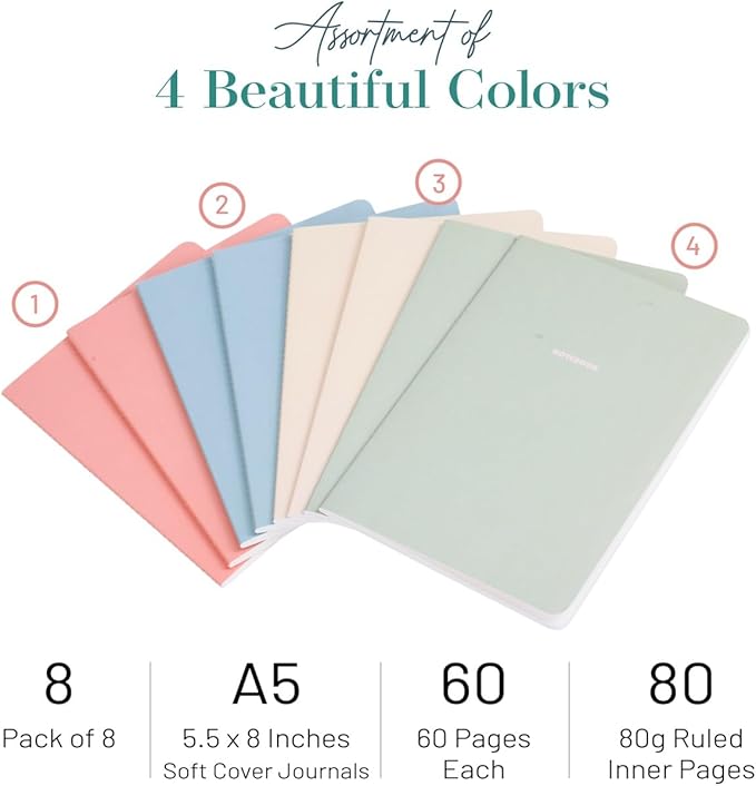 Notebook Journal, Pack of 8 Notebooks, A5, 5.5 x 8 in, Cute Soft Paper Cover Notepad for Travel, Meditation, Wedding and Dream Journals, Lined Diary Notepad Paper (Spring Colors)