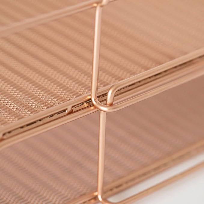 BLU MONACO Rose Gold Mesh Paper Tray – Set of 2 Stackable Letter Trays – Durable Metal Desk Organizer for Home, Office & School – Stylish Document Holder, File Storage, and Workspace Organizer