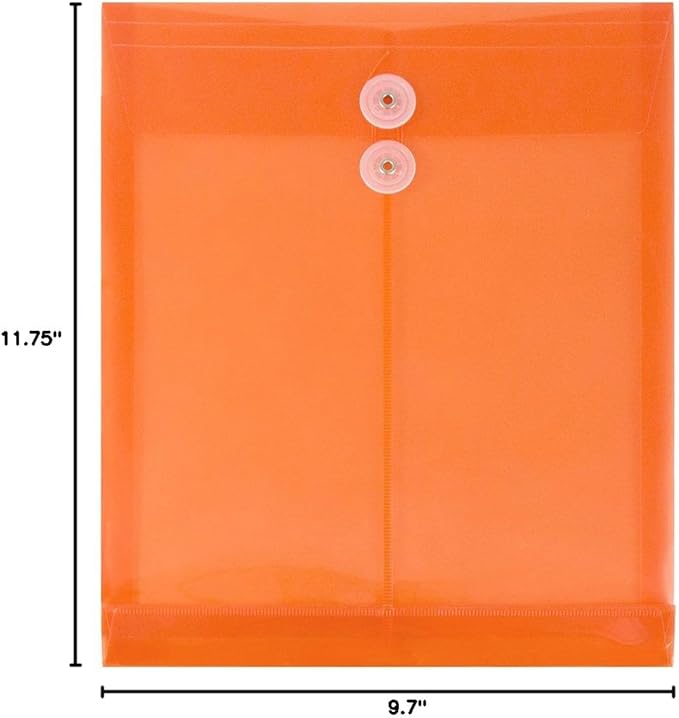 JAM PAPER Plastic Envelopes with Button & String Tie Closure - Letter Open End - 9 3/4 x 11 3/4 - Bright Orange - 12/Pack