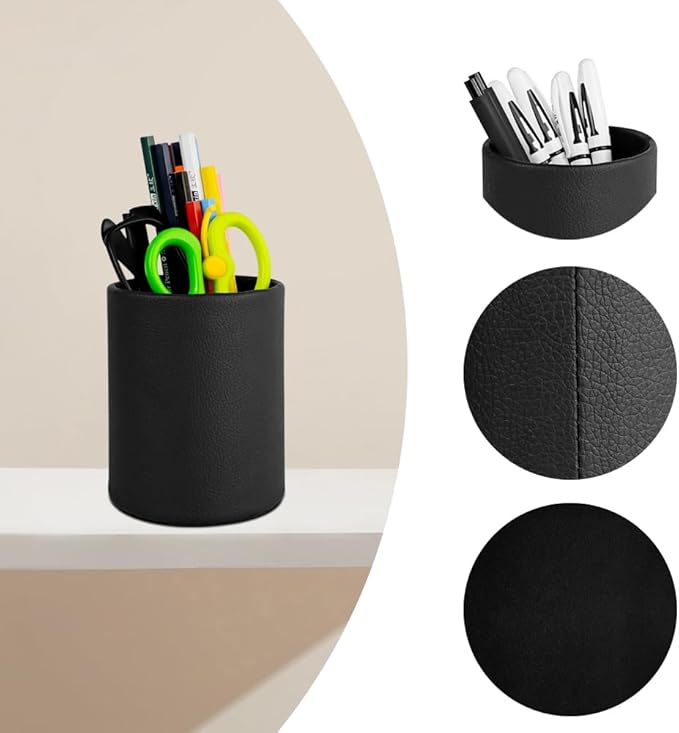 CXLE Pencil Holder Desk Organizer, PU Leather Pen Holder for Desk Decor Organizer Cosmetics Brush Holder for Teachers Students Storage Box Office Classroom(Black)