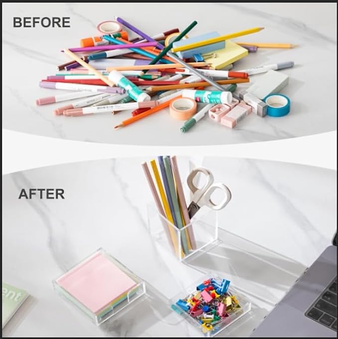 HBlife Office Desk Organizer Set of 3 with Pen Pencil Holder, Paperclip Storage and Sticky Note Holder, Clear Acrylic Desktop Accessories and Workspace Organizers for Women or Men