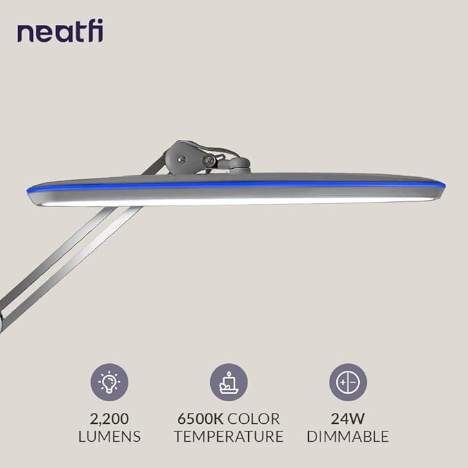 Neatfi XL 2,200 Lumens LED Desk Lamp, 23 Inches 24W, Adjustable Arm, Dimmable, Eye Caring, Nail Light for Home, Office, Study Lamp (Non-CCT with Clamp, Silver)