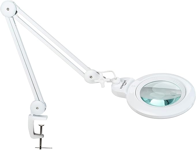 Bifocals Magnifying Desk Lamp with Clamp, 5 Diopter with 20 Diopter, 6 Inch Detachable Lens and 120PCS LEDs, 3 Color Modes 1200 Lumens Swivel Arm Magnifying Lamp with Light for Crafts (White)