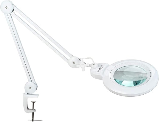 Bifocals Magnifying Desk Lamp with Clamp, 5 Diopter with 20 Diopter, 6 Inch Detachable Lens and 120PCS LEDs, 3 Color Modes 1200 Lumens Swivel Arm Magnifying Lamp with Light for Crafts (White)