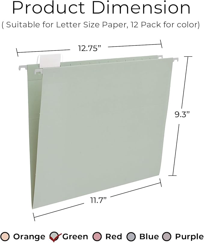 Y YOMA Letter Size - 12 Pack Colored Hanging File Folders Decorative Hanging Folder Cute Pretty File Folder for Filing Cabinet Office Home with 1/5-Cut Adjustable Tabs, Morandi Green