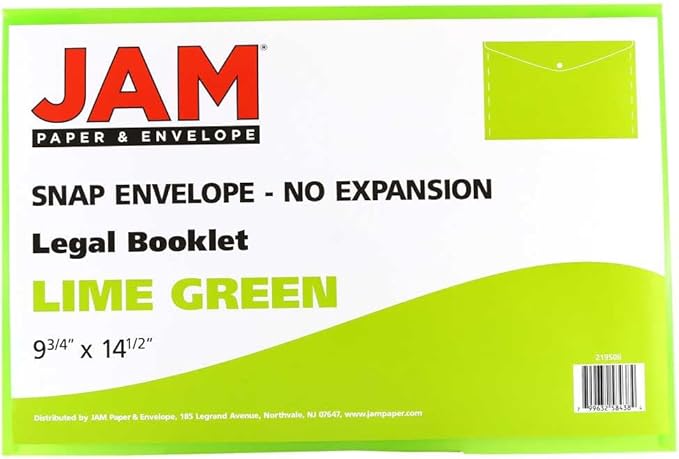 JAM PAPER Plastic Envelopes with Snap Closure - Legal Booklet - 9 3/4 x 14 1/2 - Lime Green - 3/Pack