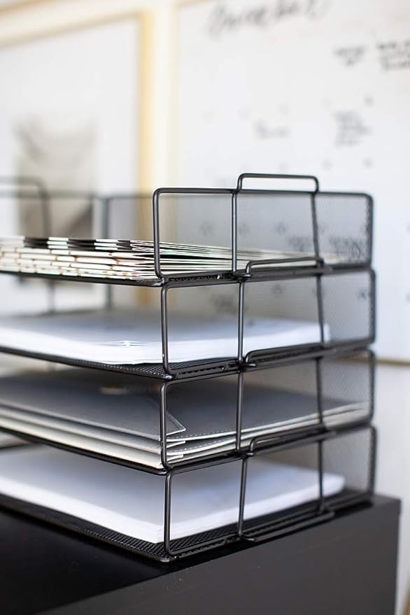 Blu Monaco Desk Organizers - 4-Tier Stackable Paper Tray - Black Metal Mesh Letter Tray File Holder Organizer